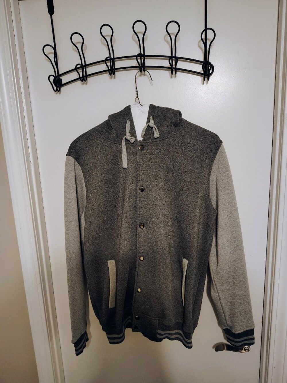 Men's Charcoal Gray Hooded Varsity Letterman Jacket - Size: Large